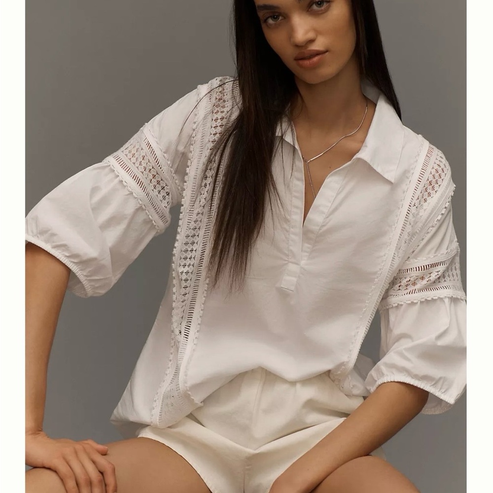 New NWT Anthropologie Sz L Cotton White Puff Sleeve Lace Blouse Top